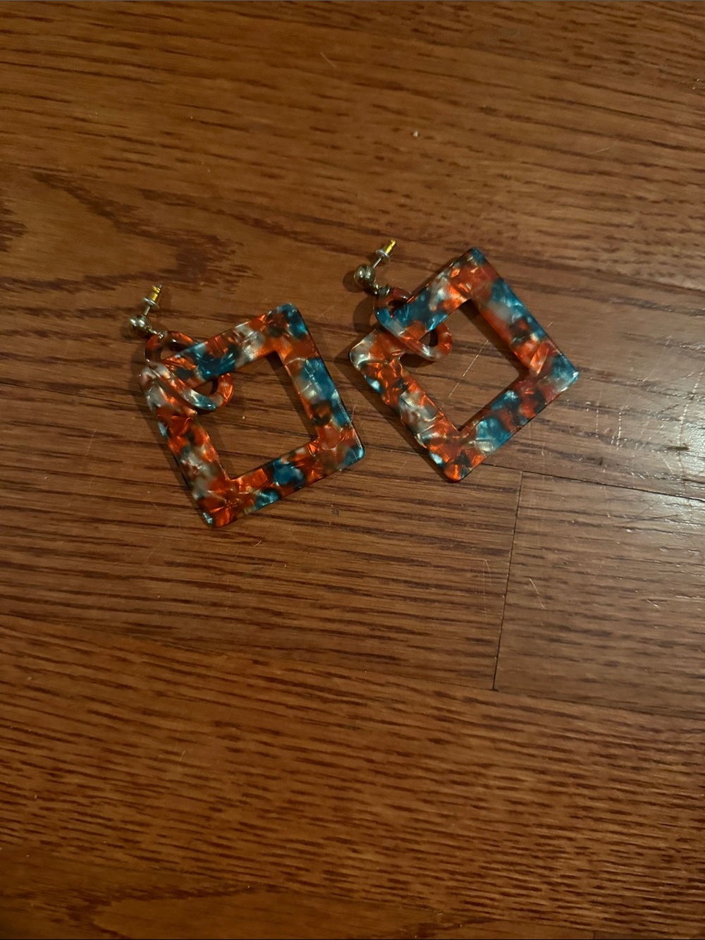 Anthropologie Teal, Orange & White Square Resin Drop Earrings